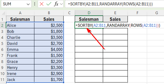 Apply SORTBY with RANDARRAY to Auto Sort Randomly