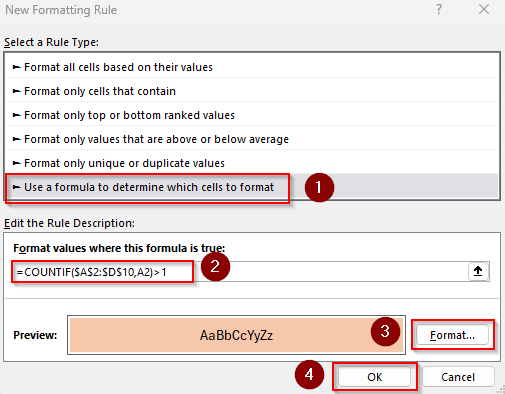 Conditional Formatting Formula for Duplicate Texts