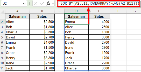 Apply SORTBY with RANDARRAY to Auto Sort Randomly