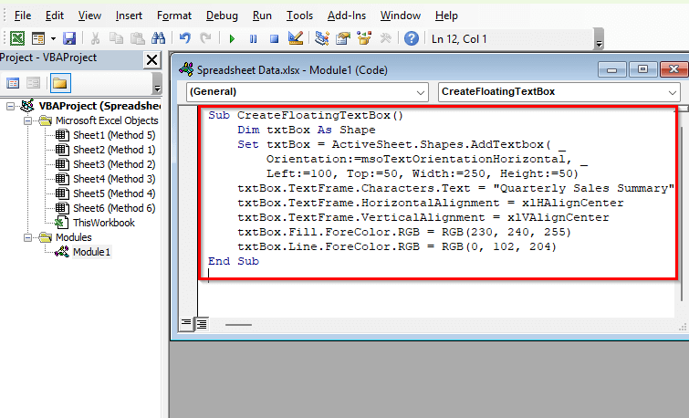 Insert Excel Text Box Using Excel VBA Editor