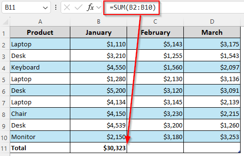 Manually Creating a Total Row with SUM or AutoSum