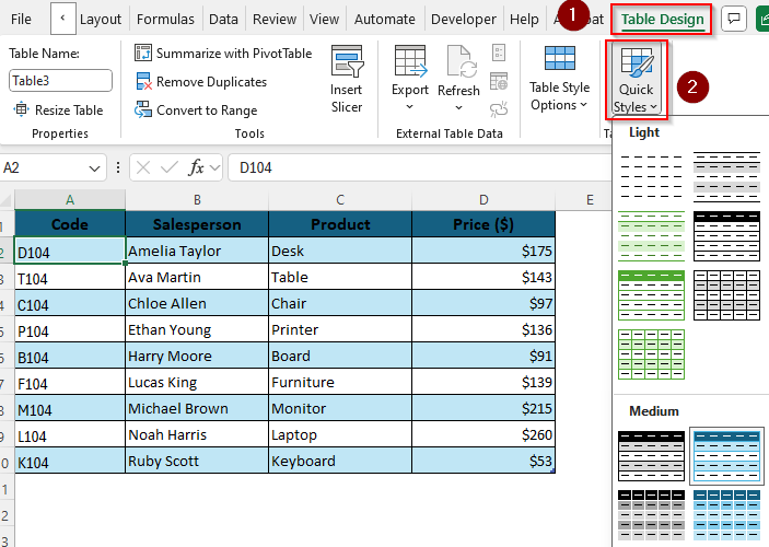 Changing Colors of a Table Using the Table Design Tab