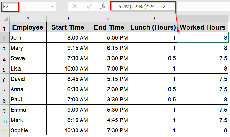 Calculate Total Worked Hours Minus Lunch Using SUM Function