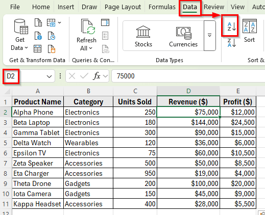 Using Sort & Filter Button to Sort Rows by Column in Excel