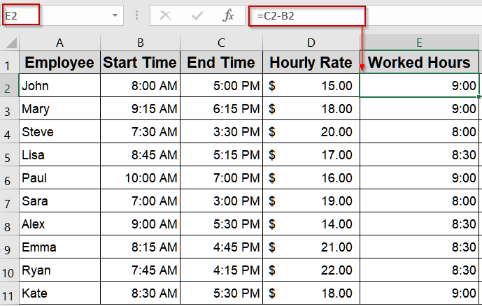 Basic Subtraction in Excel to Calculate Hours and Minutes Worked