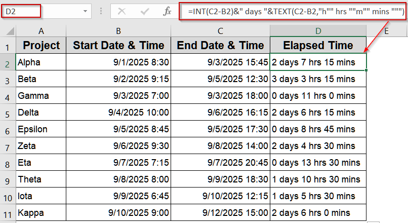 Formatting Elapsed Time as Days, Hours, and Minutes with INT and TEXT Functions