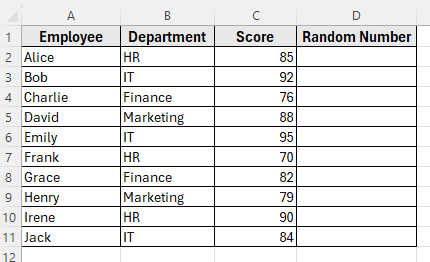 Using the RAND Function for Random Sort in Excel