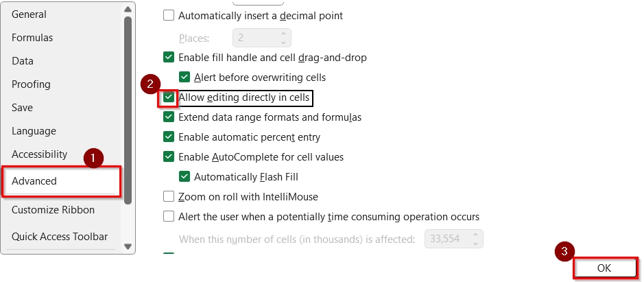 Allow Editing Directly in Cells from Excel Advanced Options