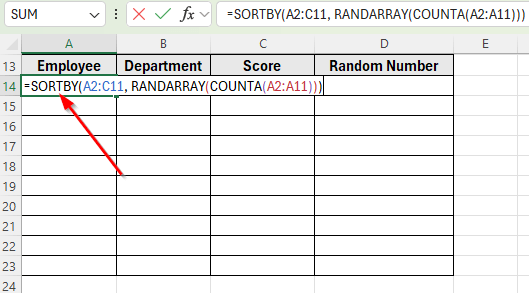 Using SORTBY with RANDARRAY and COUNTA for Random Sorting