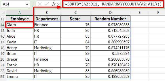 Using SORTBY with RANDARRAY and COUNTA for Random Sorting