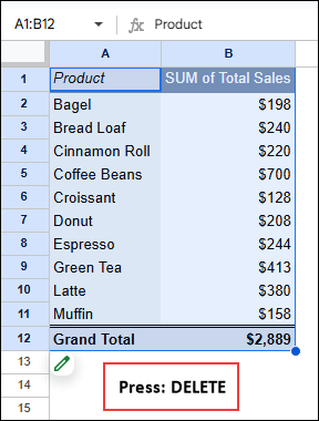Deleting a Pivot Table in Google Sheets