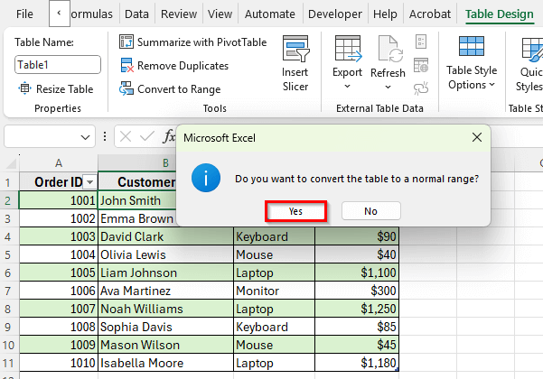 Use the Table Design Tab to Convert to Range