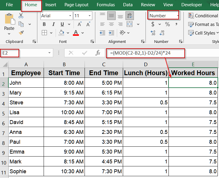 Use MOD Function to Calculate Hours Worked Minus Lunch
