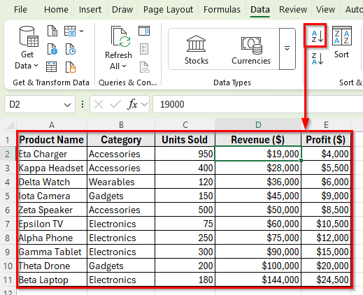 Using Sort & Filter Button to Sort Rows by Column in Excel