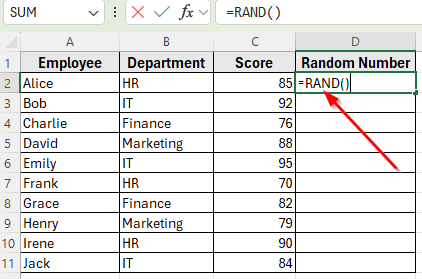 Using the RAND Function for Random Sort in Excel