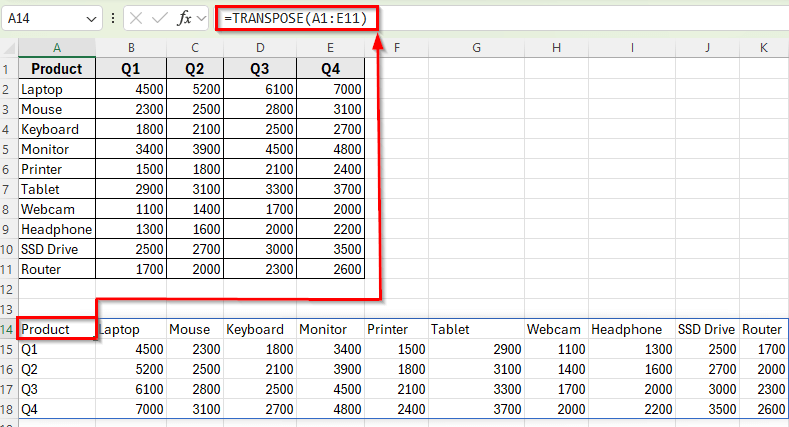 Transpose with the TRANSPOSE Function