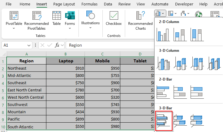 Create a 2-D/3-D Clustered Bar Graph
