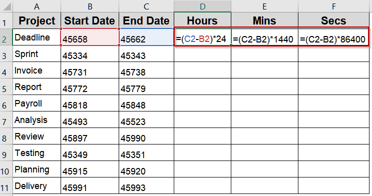 Multiply Subtracted Days to Get Total Hours, Minutes, or Seconds