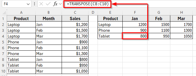 Using the TRANSPOSE Function to Transpose Multiple Rows in Groups to Columns in Excel