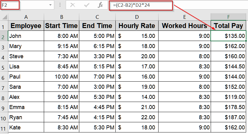 Basic Subtraction in Excel to Calculate Hours and Minutes Worked