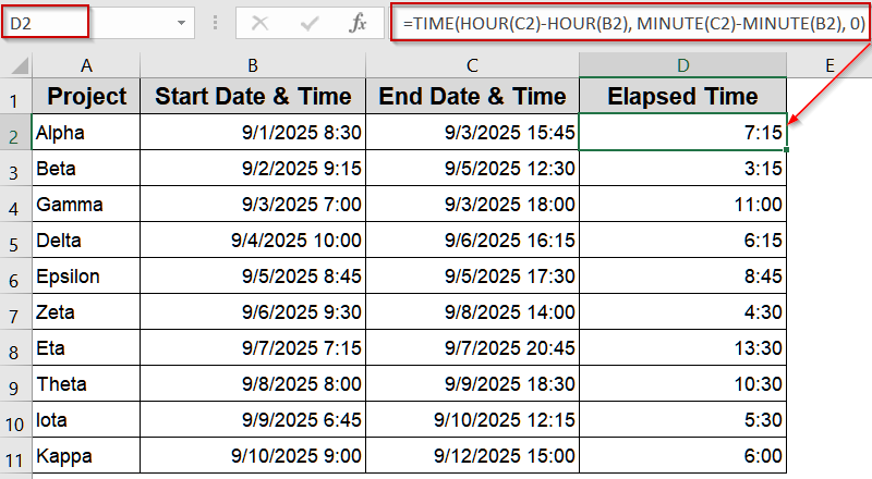 Calculating Exact Hours and Minutes Using HOUR and MINUTE Functions