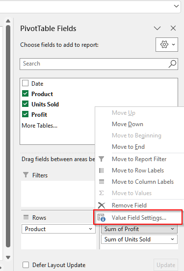 Finding the Summary Measures with a Pivot Table