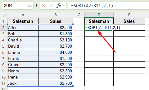 Apply SORT Function to Auto Sort in Order When Data Changes