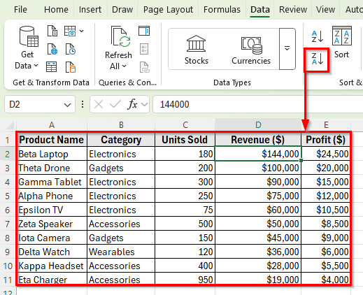 Using Sort & Filter Button to Sort Rows by Column in Excel