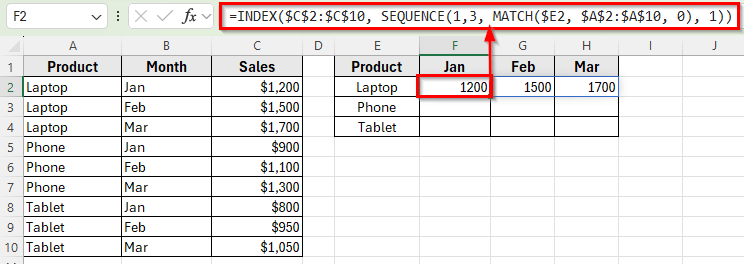 Using INDEX and SEQUENCE Functions