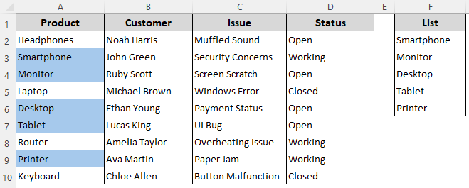 Highlight Cells Matching a List Using the COUNTIF Function
