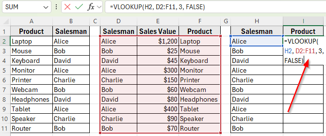 Nested VLOOKUP to Return Product by Salesman