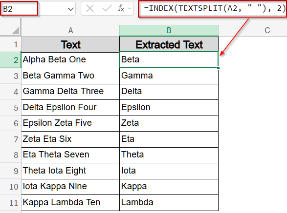 Obtain Nth Word Using TEXTSPLIT and INDEX Functions