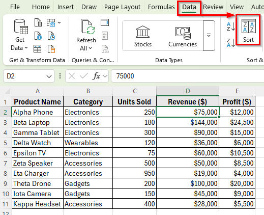 Sorting Rows by Column with the Sort Dialog Box