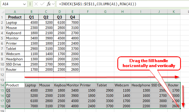 Transpose with INDEX, ROW, and COLUMN Functions for Flexible Control