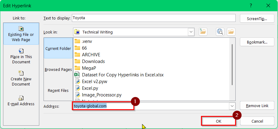 Using the Edit Hyperlink Window to Copy a Hyperlink in Excel