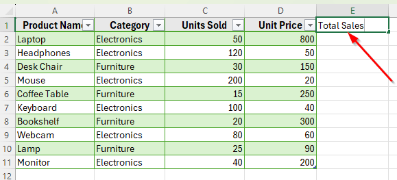 Add a Column by Typing in the Next Blank Cell
