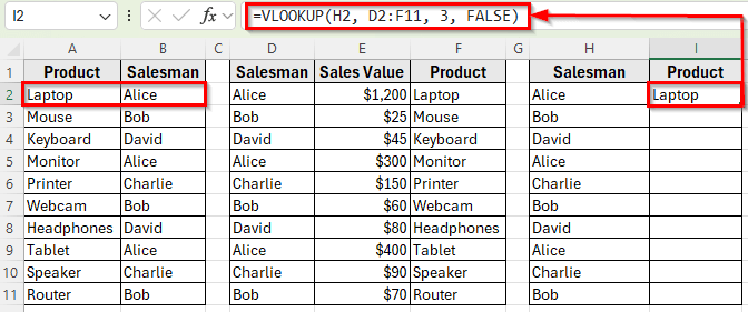 Nested VLOOKUP to Return Product by Salesman