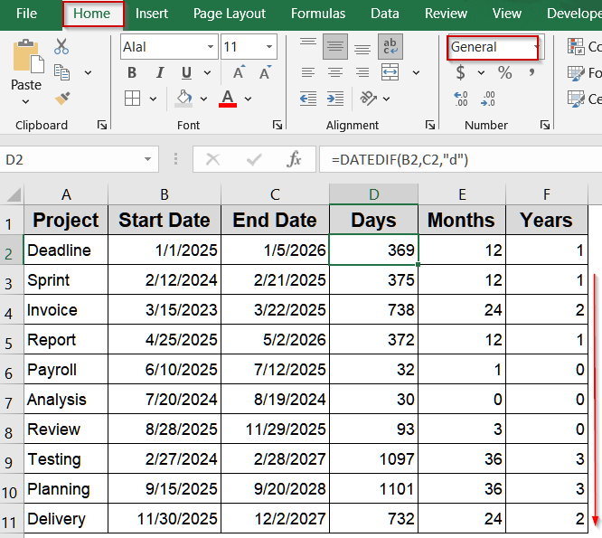 Use DATEDIF Function for Full Days, Months, or Years