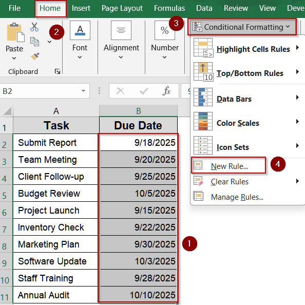 Use AND and TODAY Functions to Highlight Dates Within 30 Days Dynamically