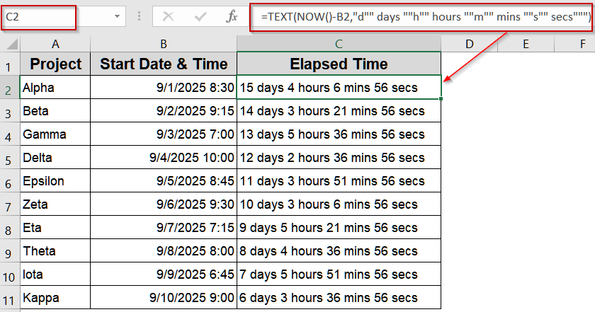 Calculating Elapsed Time Up to the Current Moment Using NOW or TODAY Function