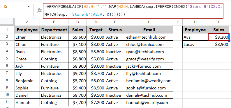 Google Sheets ARRAYFORMULA with INDEX and MATCH Functions