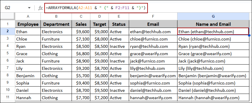 Concatenating Data Using ARRAFORMULA Function in Google Sheets