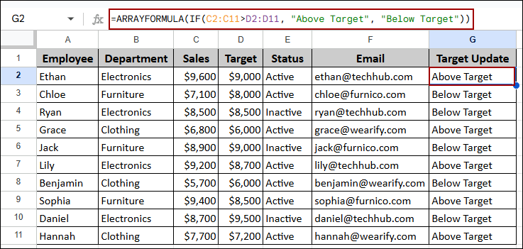 Concatenating Data Using ARRAFORMULA Function in Google Sheets