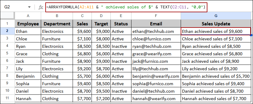 Concatenating Data Using ARRAFORMULA Function in Google Sheets