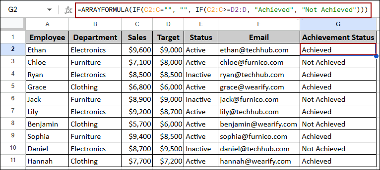 ARRAYFORMULA Google Sheets Examples
