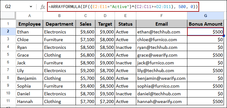 ARRAYFORMULA Google Sheets Examples