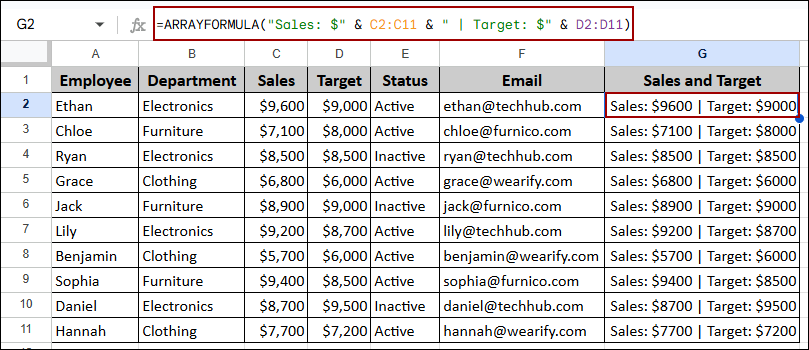 ARRAYFORMULA Google Sheets Examples
