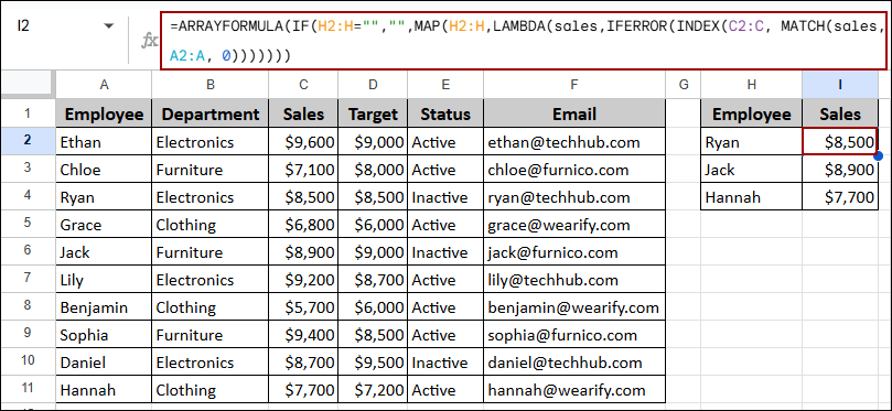 Google Sheets ARRAYFORMULA with INDEX and MATCH Functions
