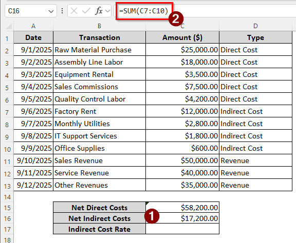 Calculating Indirect Cost Rate in Excel Against Direct Costs