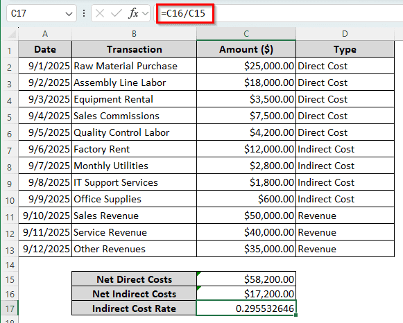 Calculating Indirect Cost Rate in Excel Against Direct Costs